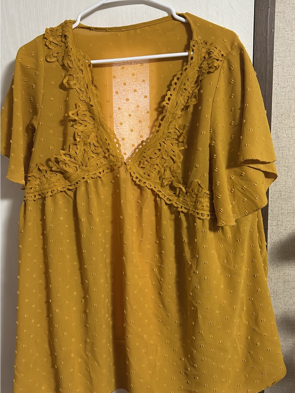 SHEIN Mustard Crochet-Trim Flutter Sleeve Blouse